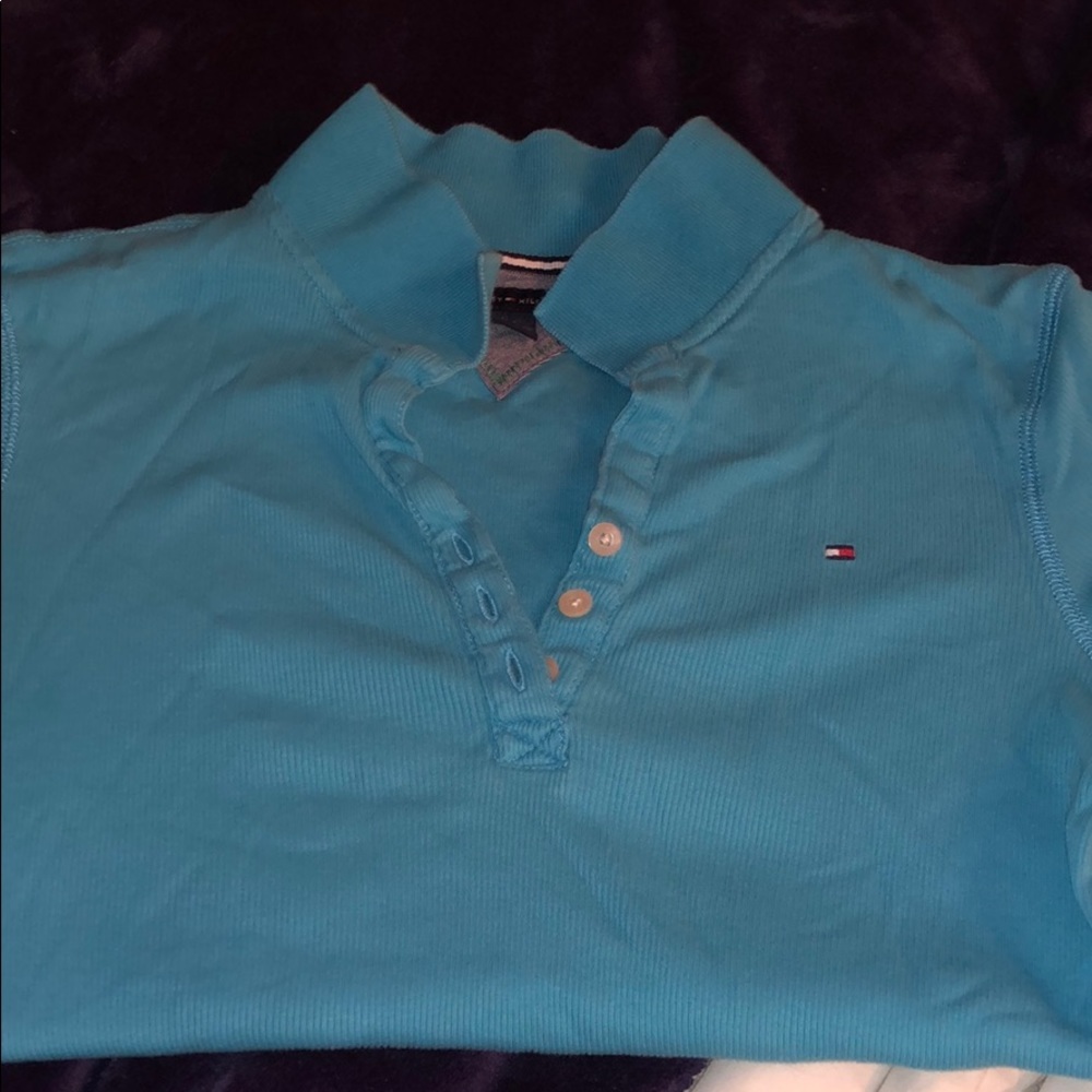 Vibrant blue short sleeve button down (ribbed)